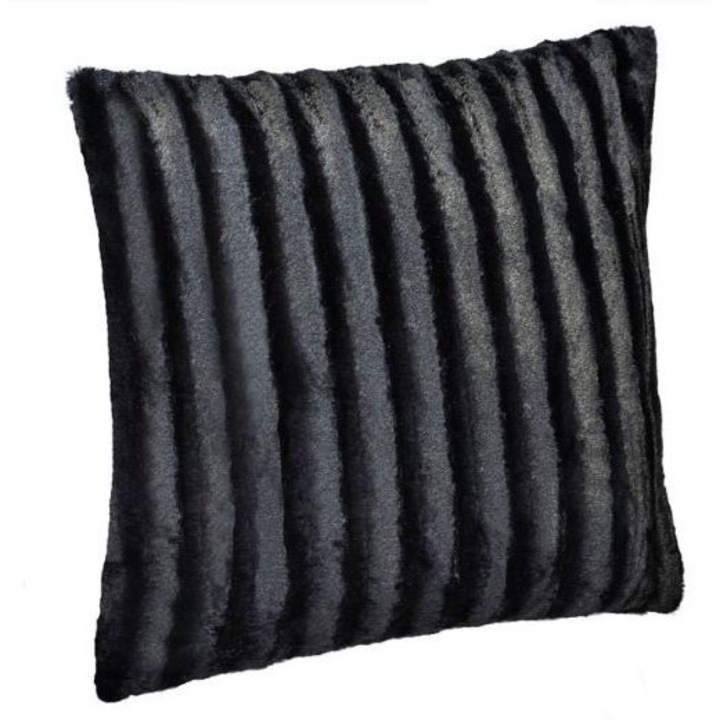 Декоративна възглавница от синтетичен косъм, релефно райе, цип, черна, 60x60 см