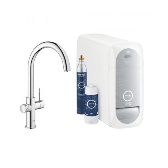 Baterie bucatarie Blue Home, Grohe, cu sistem de filtrare apa, crom, pipa inalta, compozit metal