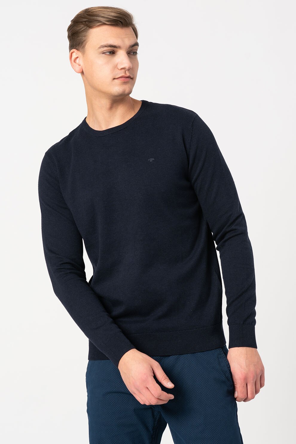 Tom Tailor, Pulover tricotat fin cu decolteu la baza gatului, Bleumarin inchis