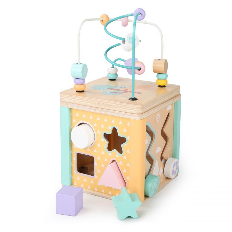 Cub educativ din lemn, sortator care dezvolta abilitatiile manuale 15.5x15.5x15.5 cm