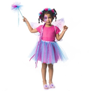 Costum de zana fluture Mariposa Imaginarium Attrezzo Butterfly Blue 3 - 9 ani, 4 piese cu fusta din 2 straturi, bagheta magica, aripi reglabile si coronita cu panglici Costum de zana fluture Mariposa Imaginarium Attrezzo Butterfly Blue 3 - 9 ani, 4 piese cu fusta din 2 straturi, bagheta magica, aripi reglabile si coronita cu panglici