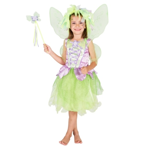 Costum de zana Imaginarium Fairy Nicoleta marime 116-122 , 6-7 ani, cu 4 piese, rochie, coronita de flori, bagheta magica si aripi reglabile