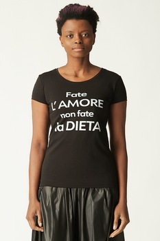 Antonia M, Tricou cu imprimeu text si decolteu la baza gatului, Negru/Alb Antonia M, Tricou cu imprimeu text si decolteu la baza gatului, Negru/Alb