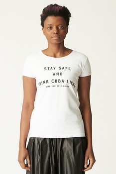 Antonia M, Tricou cu imprimeu text si decolteu la baza gatului, Alb/Negru Antonia M, Tricou cu imprimeu text si decolteu la baza gatului, Alb/Negru