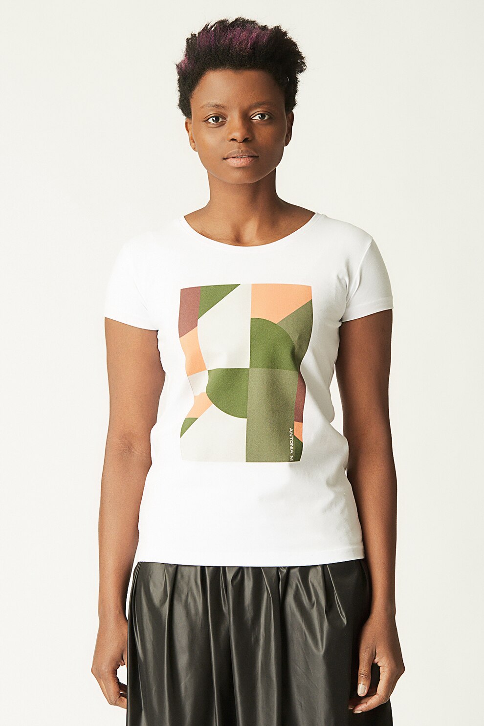 Antonia M, Tricou cu imprimeu geometric si decolteu la baza gatului, Alb/Oranj/Verde militar, XL