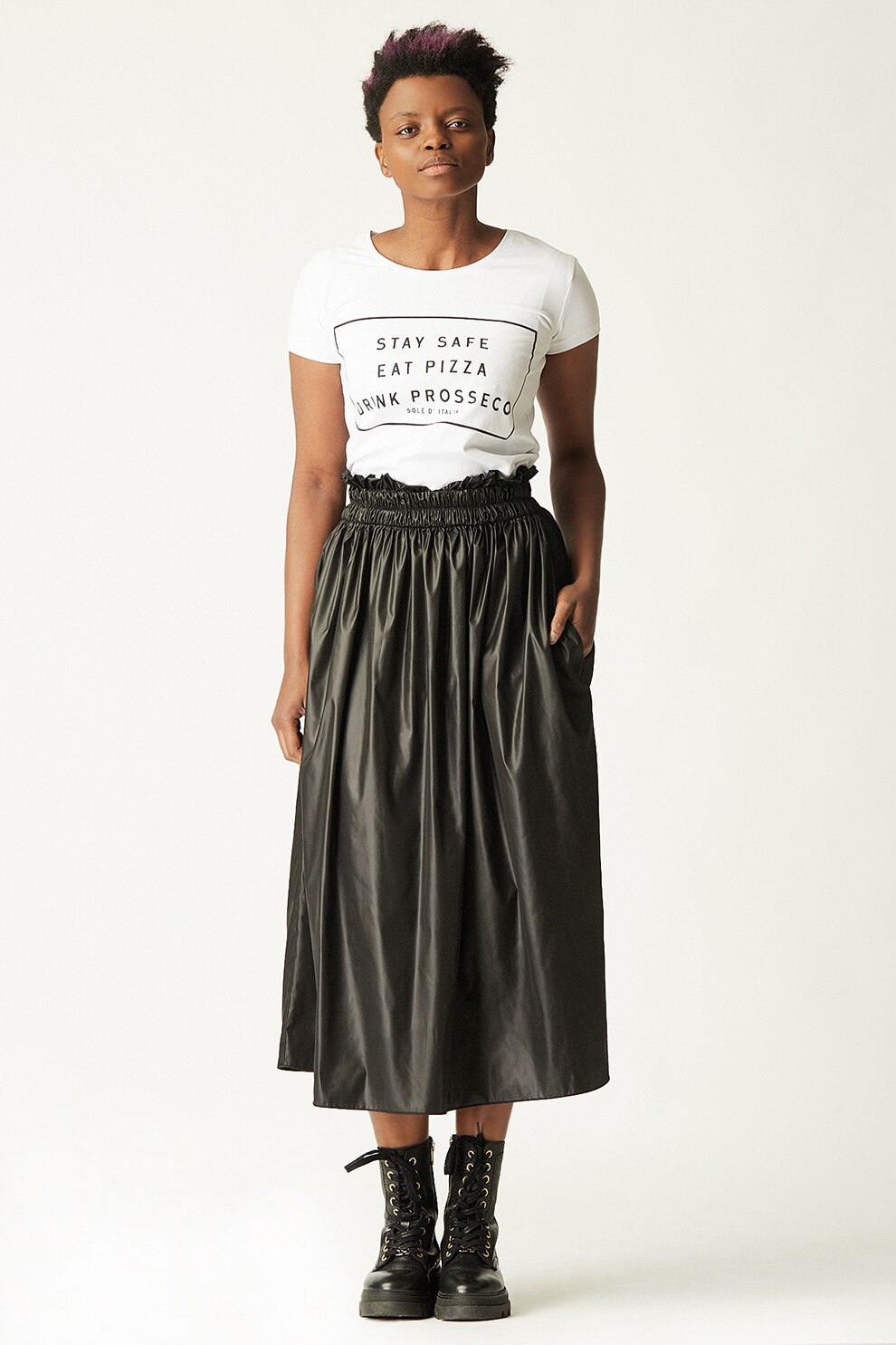 Antonia M, Fusta midi de piele ecologica, Negru, S