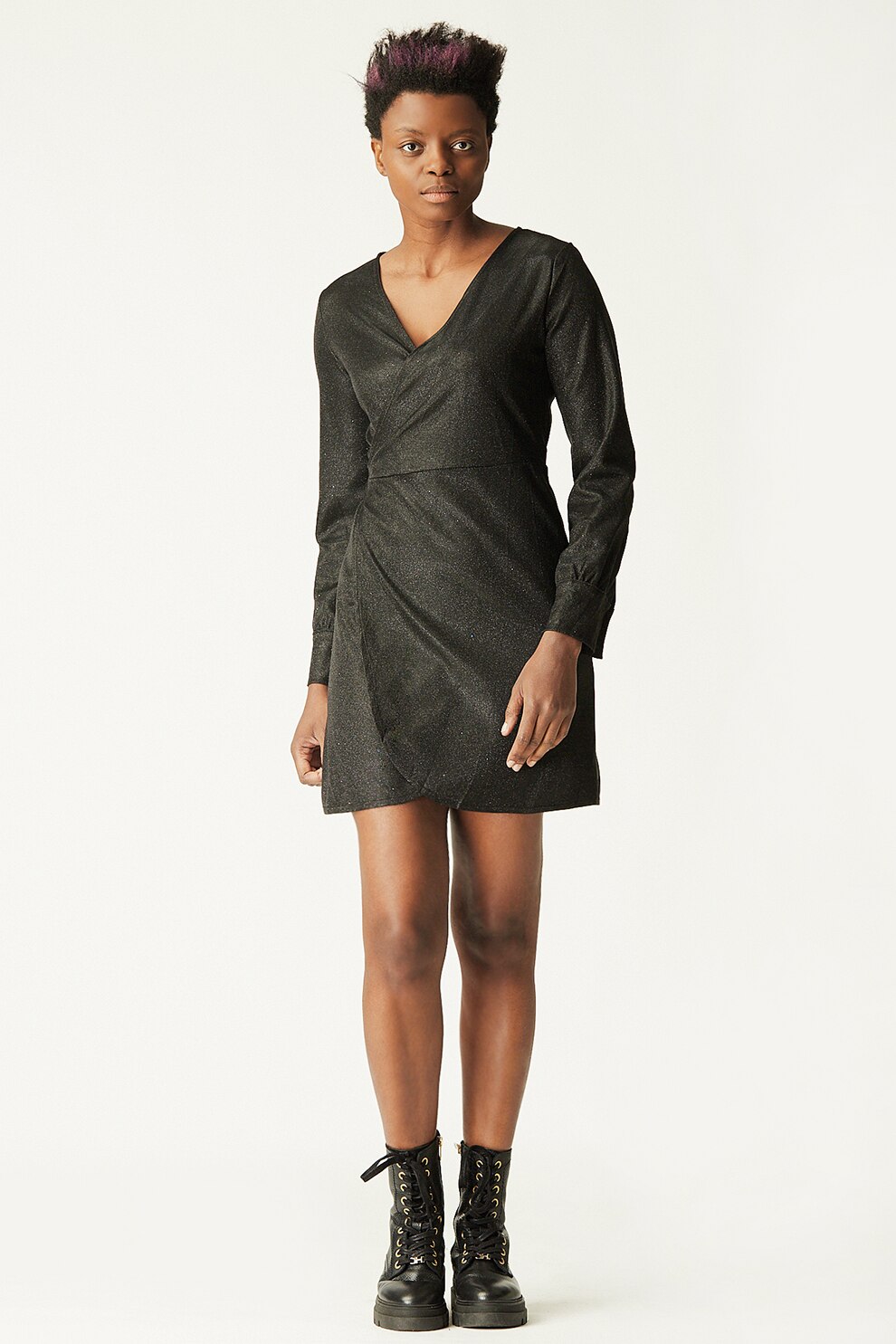 Antonia M, Rochie mini cu decolteu cache-coeur de lurex, Negru/Argintiu, S