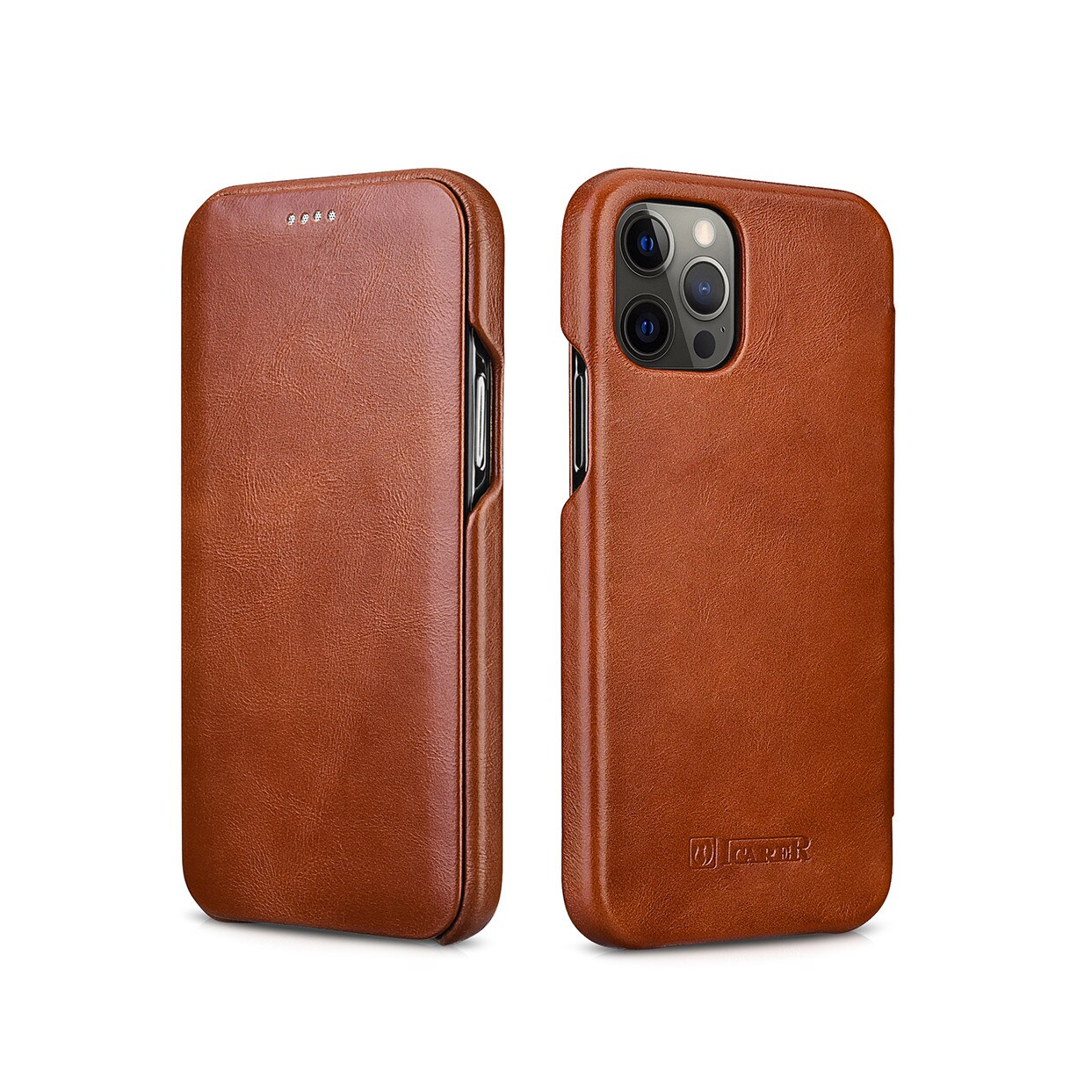 Husa iPhone 12 Pro, iPhone 12, iCarer Vintage Curved, din piele, tip carte cu clapeta curbata, Maro coniac