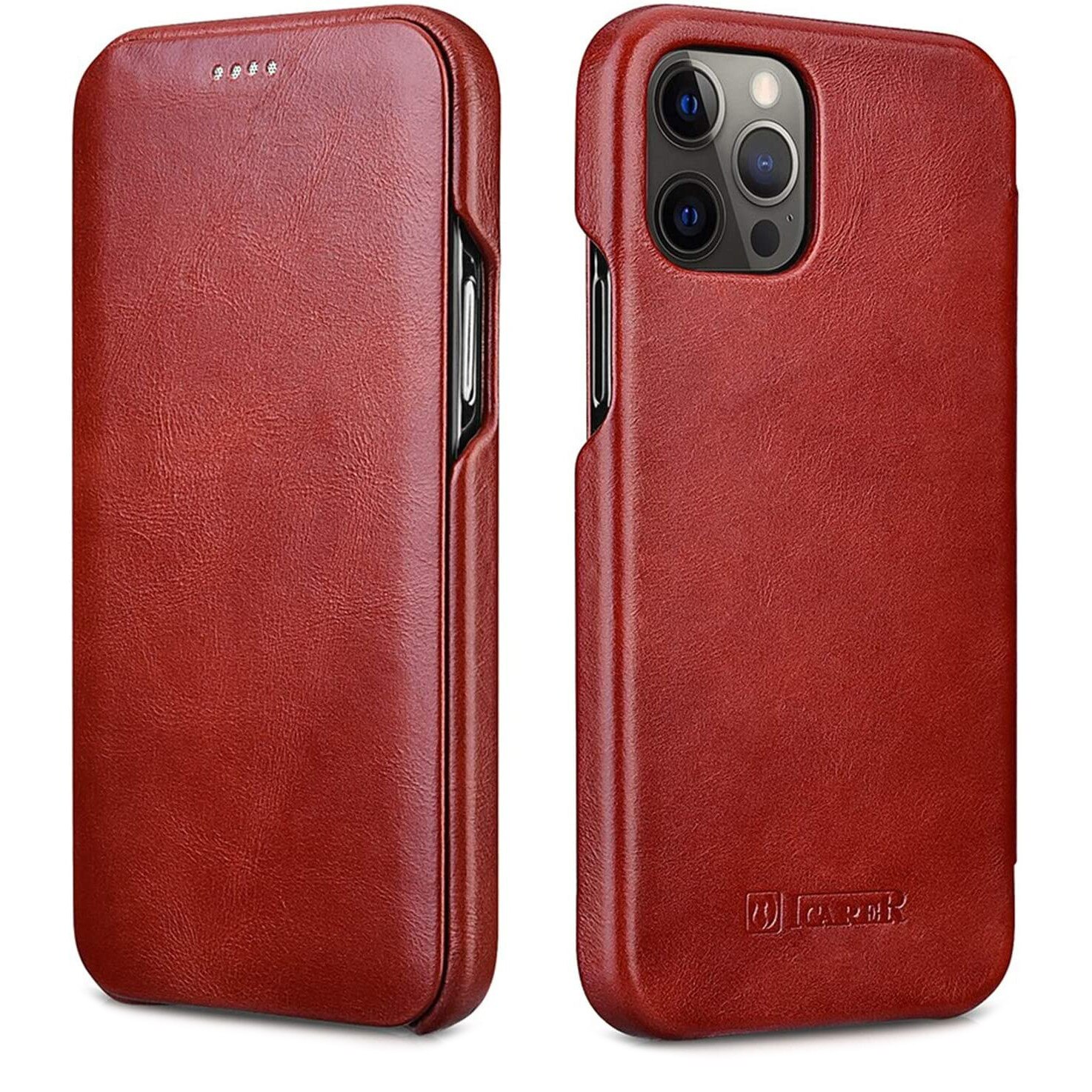 Husa iPhone 12 Pro Max, iCarer Vintage Curved, din piele, tip carte cu clapeta curbata, Rosu burgund