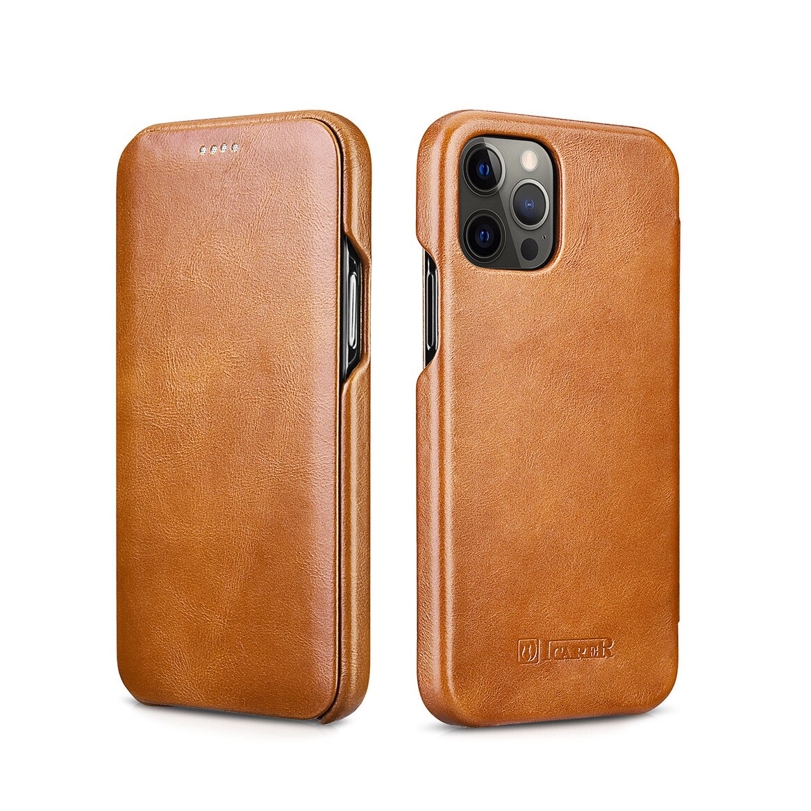 Husa iPhone 12 Pro Max, iCarer Vintage Curved, din piele, tip carte cu clapeta curbata, Maro camel