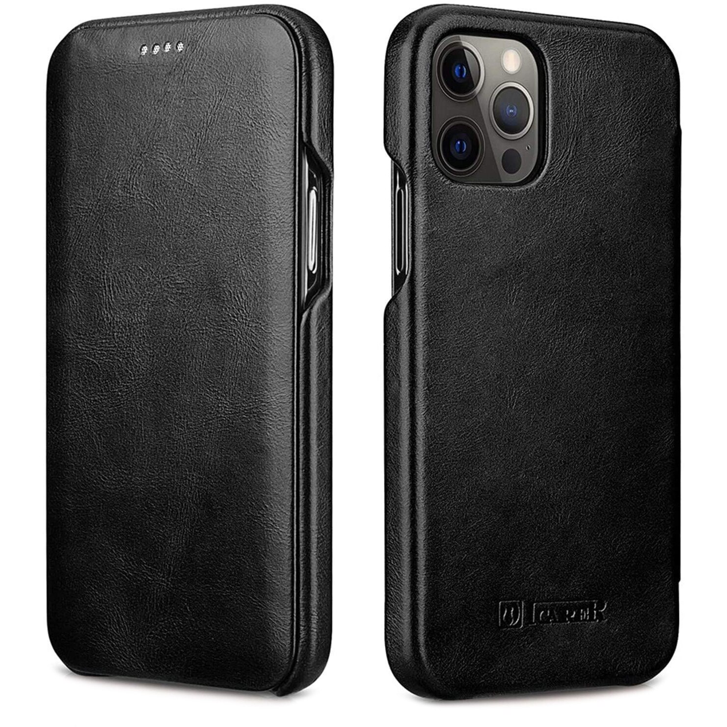 Husa iPhone 12 Pro, iPhone 12, iCarer Vintage Curved, din piele, tip carte cu clapeta curbata, Negru