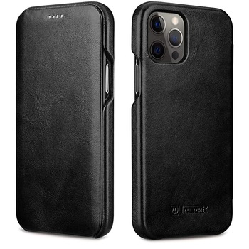 Husa iPhone 12 Pro, iPhone 12, iCarer Vintage Curved, din piele, tip carte cu clapeta curbata, Negru Husa iPhone 12 Pro, iPhone 12, iCarer Vintage Curved, din piele, tip carte cu clapeta curbata, Negru