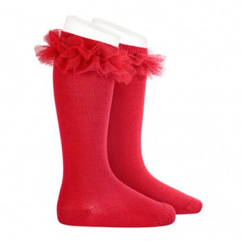 Sosete fete lungi 3/4 cu tulle, Condor, rosu, 12-24 luni Sosete fete lungi 3/4 cu tulle, Condor, rosu, 12-24 luni