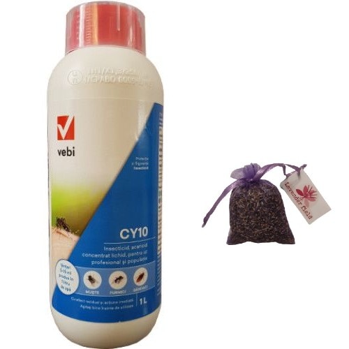Insecticid profesional CY 10 - 1 L, anti tantari, muste, tantari tigru, gandaci, purici, insecte +Saculet de lavanda Lavender field, 10 gr