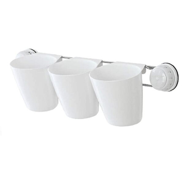 Suport cu 3 pahare, fixat de perete, cu ventuze, Alb