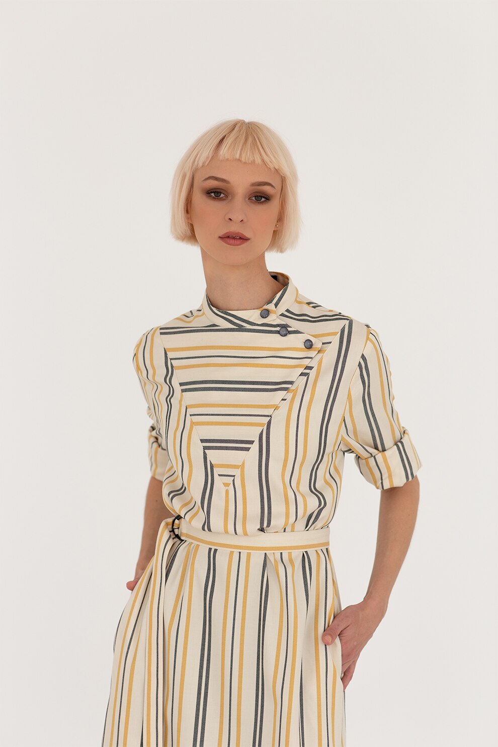 Undress, Rochie mini cu buzunare laterale, Galben/Alb/Albastru