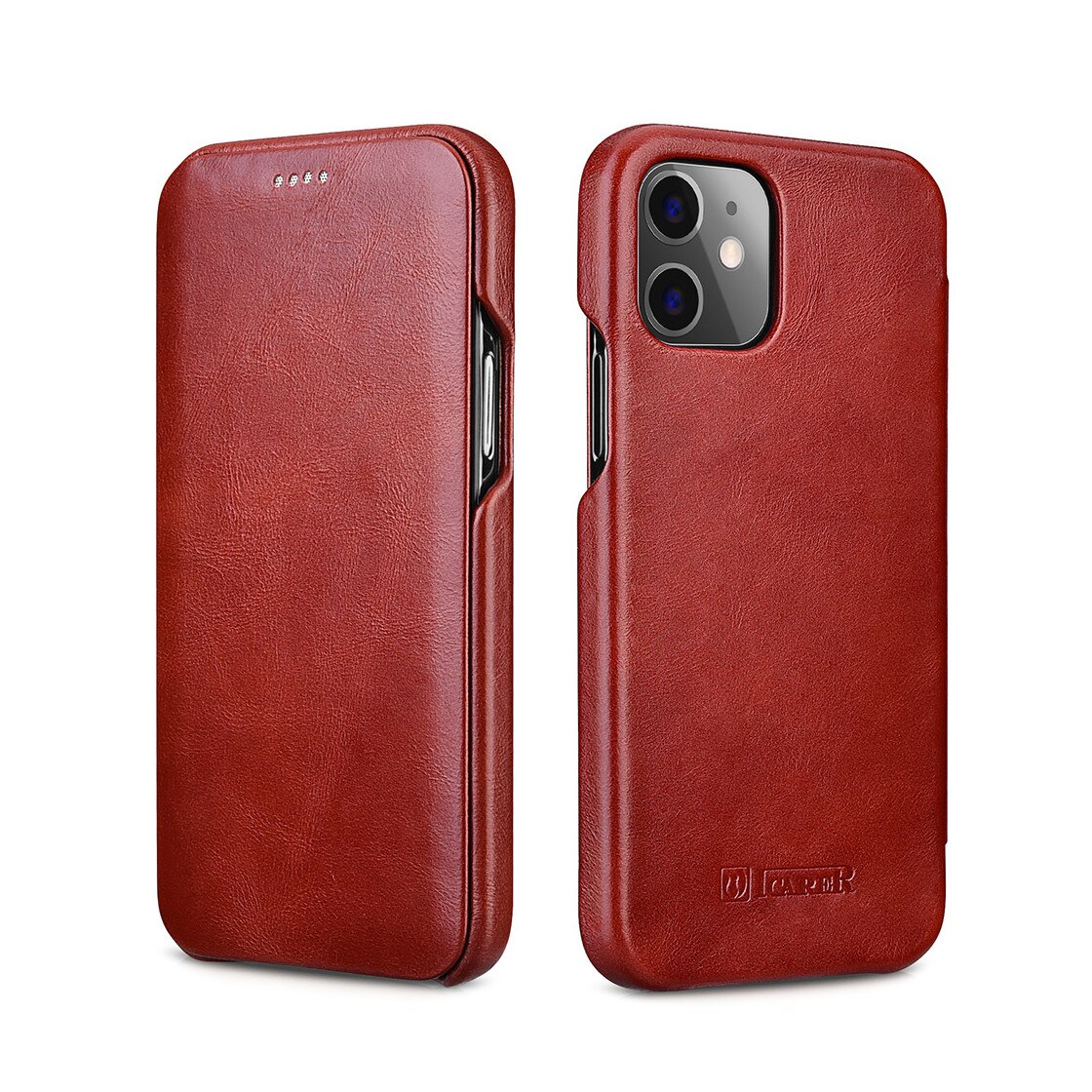 Husa iPhone 12 Mini, iCarer Vintage Curved, din piele, tip carte cu clapeta curbata, Rosu burgund