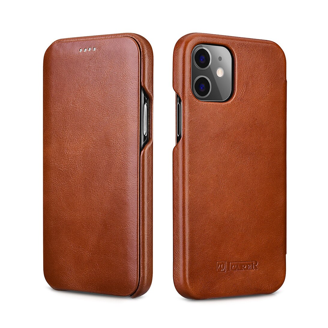 Husa iPhone 12 Mini, iCarer Vintage Curved, din piele, tip carte cu clapeta curbata, Maro coniac