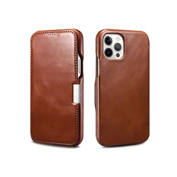 Husa iPhone 12 Pro Max, iCARER Vintage Side Open, piele naturala, tip carte, inchidere magnetica, culoare Maro coniac Husa iPhone 12 Pro Max, iCARER Vintage Side Open, piele naturala, tip carte, inchidere magnetica, culoare Maro coniac