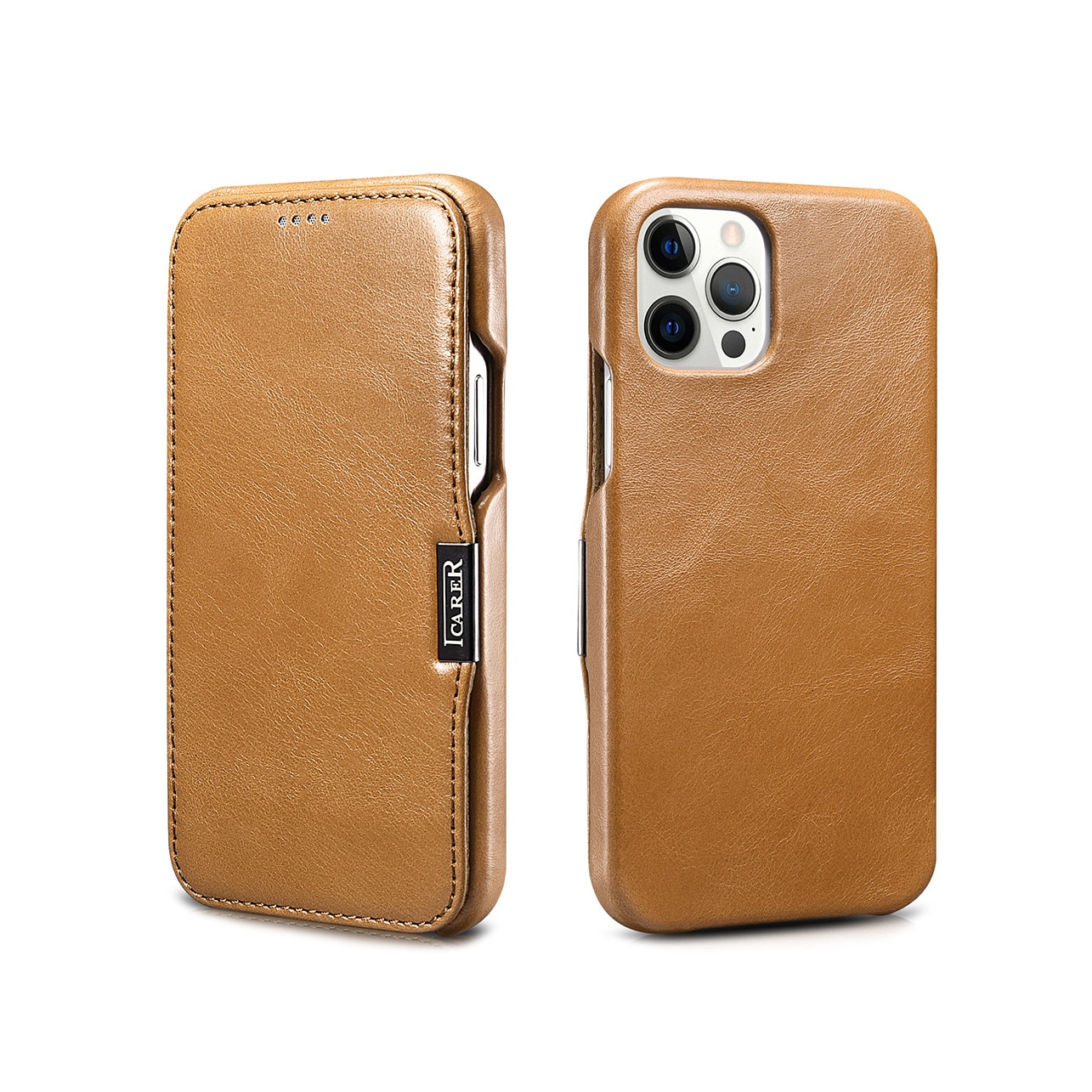 Husa iPhone 12 Pro / iPhone 12, iCARER Vintage Side Open, piele naturala, tip carte, inchidere magnetica, culoare Maro camel