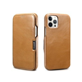 Husa iPhone 12 Pro Max, iCARER Vintage Side Open, piele naturala, tip carte, inchidere magnetica, culoare Maro camel Husa iPhone 12 Pro Max, iCARER Vintage Side Open, piele naturala, tip carte, inchidere magnetica, culoare Maro camel