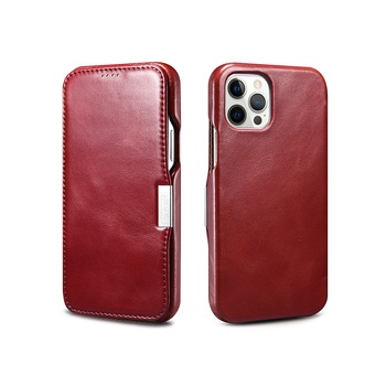 Husa iPhone 12 Pro Max, iCARER Vintage Side Open, piele naturala, tip carte, inchidere magnetica, culoare Rosu burgund