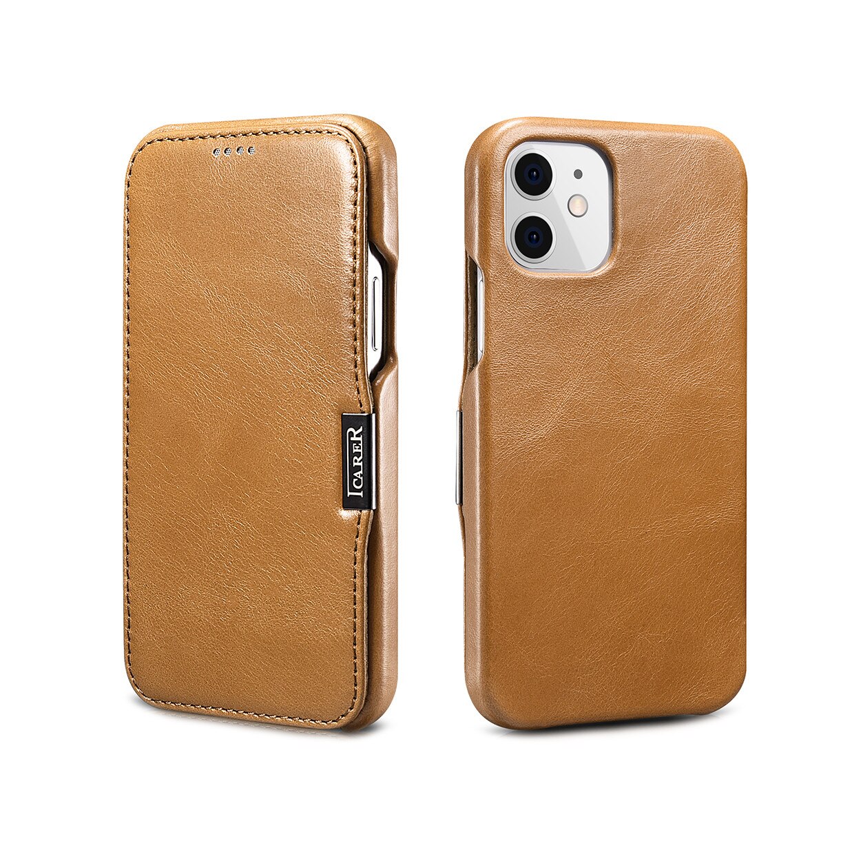 Husa iPhone 12 Mini, iCARER Vintage Side Open, piele naturala, tip carte, inchidere magnetica, culoare Maro camel