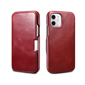 Husa iPhone 12 Mini, iCARER Vintage Side Open, piele naturala, tip carte, inchidere magnetica, culoare Rosu burgund