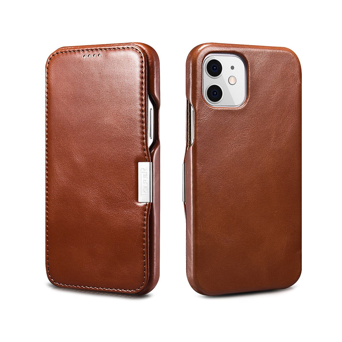 Husa iPhone 12 Mini, iCARER Vintage Side Open, piele naturala, tip carte, inchidere magnetica, culoare Maro coniac