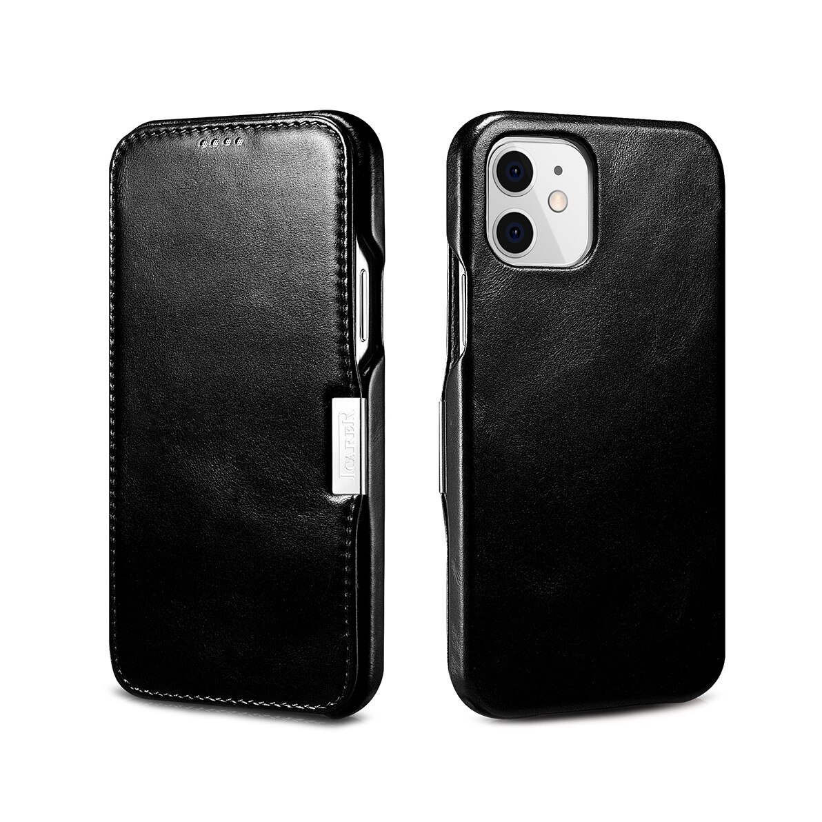 Husa iPhone 12 Mini, iCARER Vintage Side Open, piele naturala, tip carte, inchidere magnetica, culoare Negru