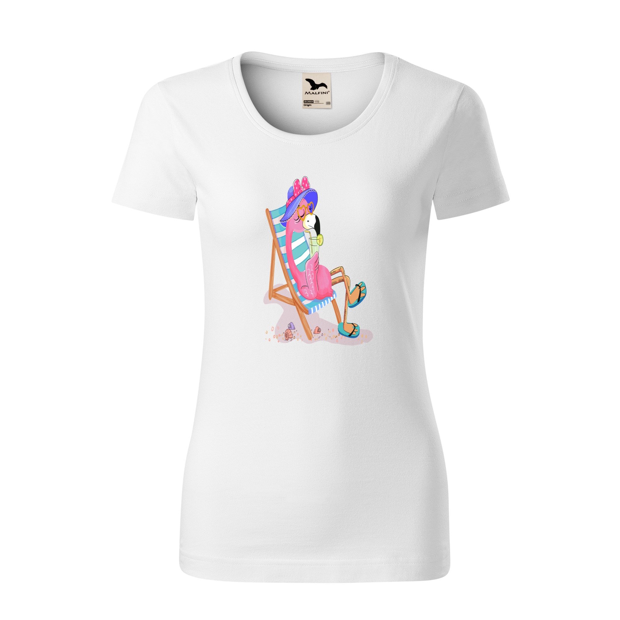 Tricou dama clasic, Malfini, Flamingo on the beach, Alb, L