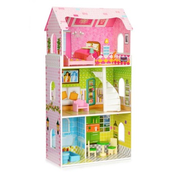 Casa de papusi pentru fetite, inalta, din lemn si MDF, 3 etaje, 4 camere separate, piese de mobilier, 93 x 24 x 48 cm Casa de papusi pentru fetite, inalta, din lemn si MDF, 3 etaje, 4 camere separate, piese de mobilier, 93 x 24 x 48 cm