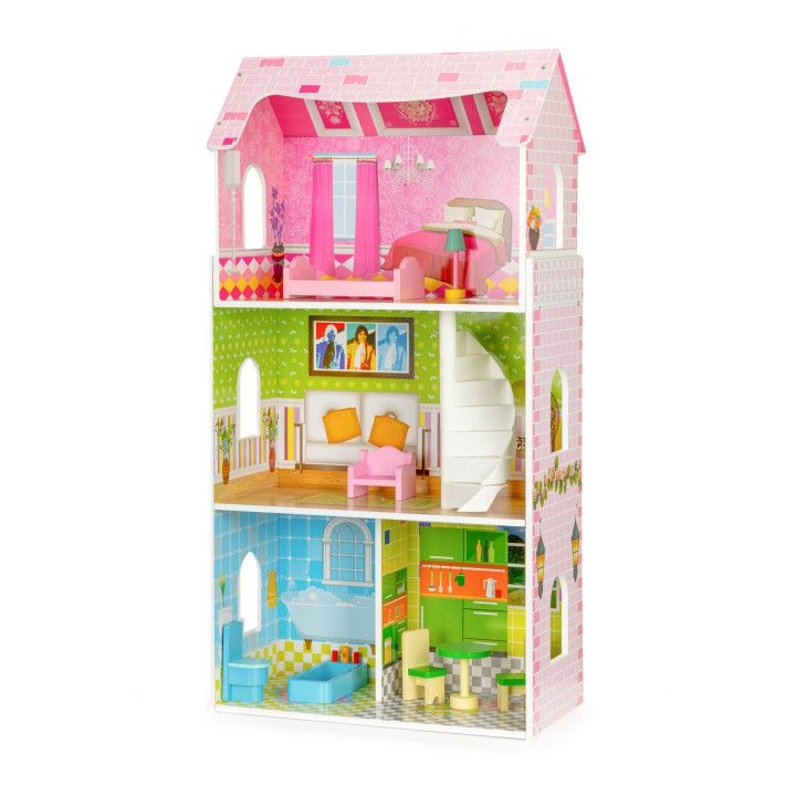 IdealStore Mint Residence Fa babaház, 93 cm, 3 önálló szint, 5 különálló szoba, 8 db mozgatható bútor, Kiváló minőségű fából