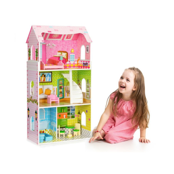 idealSTORE дървена къща за кукли 93 см, 3 независими нива, 5 отделни стаи, 8 подвижни мебели, Изработена от висококачествено дърво