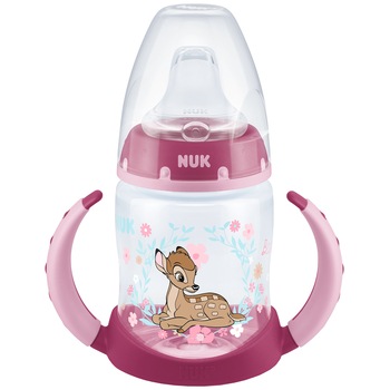 Biberon Nuk First Choice Disney Bambi cu toarte si tetina de invatare din silicon, 6 luni+, 150ml, Roz Biberon Nuk First Choice Disney Bambi cu toarte si tetina de invatare din silicon, 6 luni+, 150ml, Roz