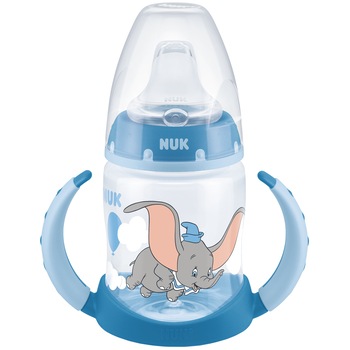 Biberon Nuk First Choice Disney Dumbo cu toarte si tetina de invatare din silicon, 6 luni+, 150ml, Albastru Biberon Nuk First Choice Disney Dumbo cu toarte si tetina de invatare din silicon, 6 luni+, 150ml, Albastru