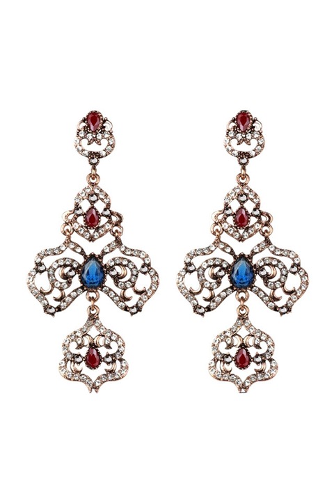 Cercei Eleganti vintage, cruci mari cu cristale rosii, albastre si albe, Auriu