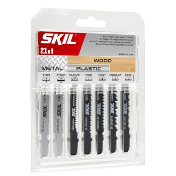Set de 21 de panze de fierastrau vertical Skil 2610S00920, coada in T, pentru lemn si metal Set de 21 de panze de fierastrau vertical Skil 2610S00920, coada in T, pentru lemn si metal