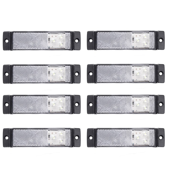 Set 8 lampi gabarit 130x32 cu 3 LED-uri, albe, cu suport urechi, 12V