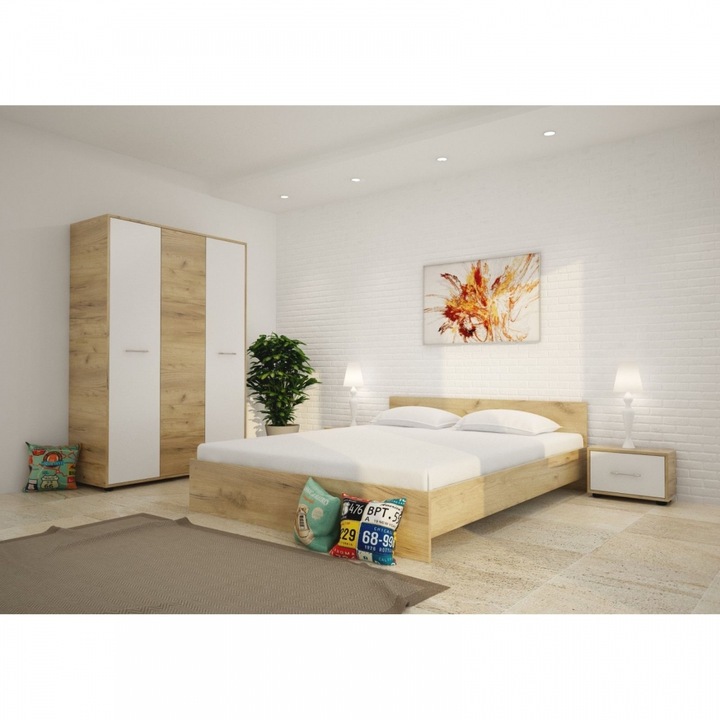 Set Dormitor Valentin stejar sonoma cu pat de 140 x 200 3 usi