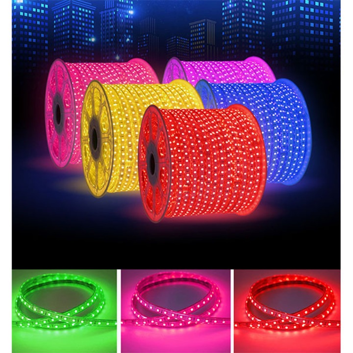 Banda Led 220v RGB 5050, 60smd/m Lumina culorile Ip65 10m, inclusiv 1 Controller cu telecomanda