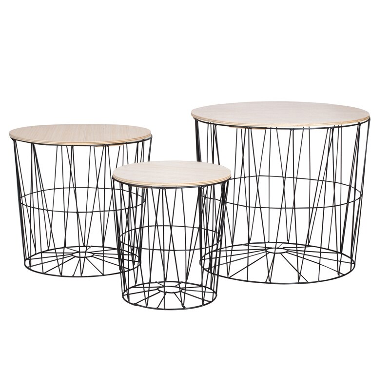 Set de trei mese, structura din metal Negru, cu blat din lemn Maro, diametru 30 si 40 cm