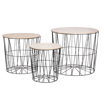 Set de trei mese, structura din metal Negru, cu blat din lemn Maro, diametru 30 si 40 cm Set de trei mese, structura din metal Negru, cu blat din lemn Maro, diametru 30 si 40 cm