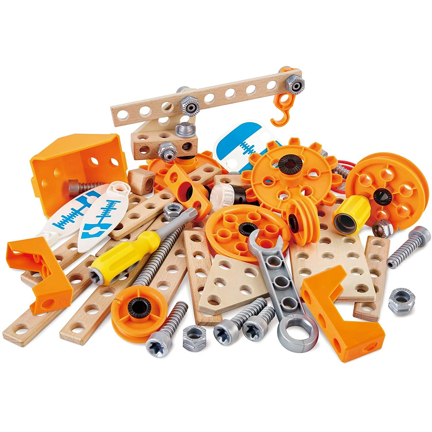 Kit experimente interactive, Hape, cu 57 piese din lemn si plastic, pentru dezvoltarea imaginatiei si gandirii