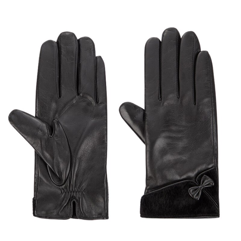 Manusi din piele naturala de culoare neagra cu fundita, Marime 8