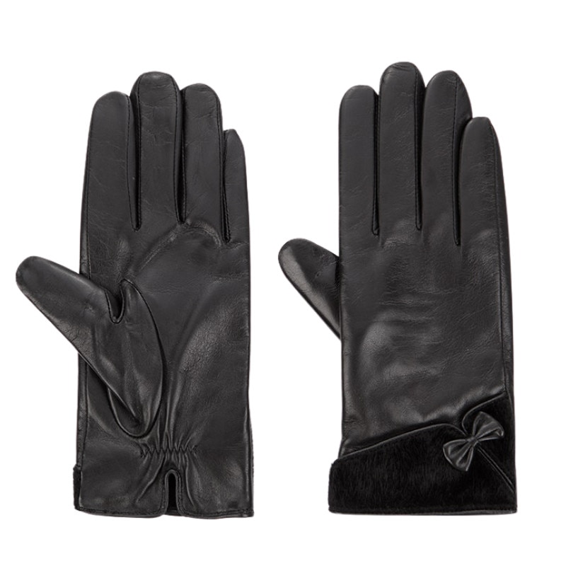 Manusi din piele naturala de culoare neagra cu fundita, Marime 7.5