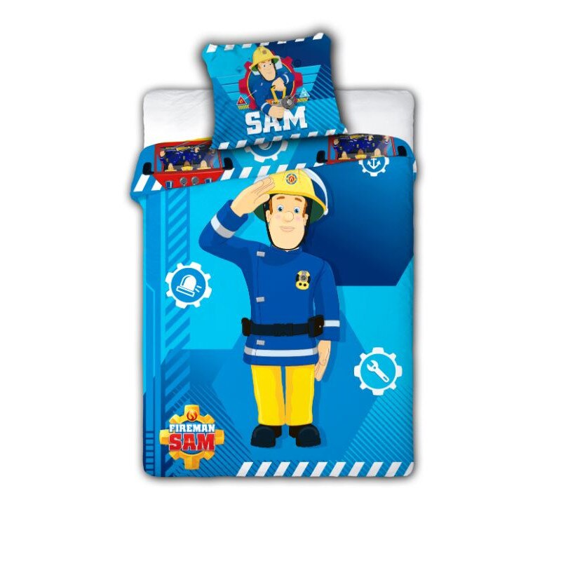 Lenjerie de pat Fireman Sam Faro, Bumbac, 1 fata de perna 40x60 cm, 100 x 135 cm, Albastru