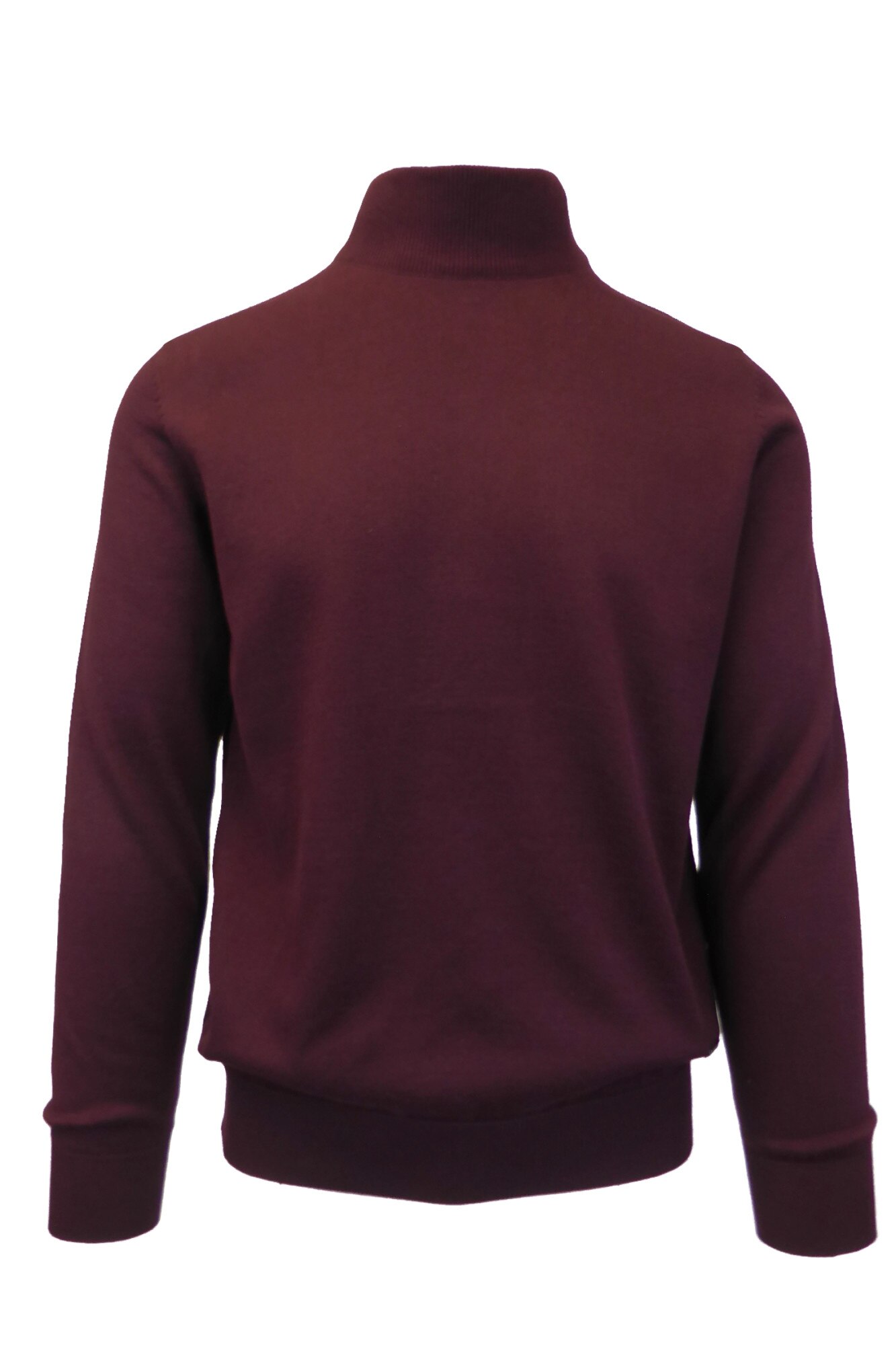 Pulover, Univers Fashion, tricotat fin cu terminatii striate, guler inalt, rosu bordeaux inchis