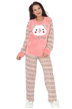 Pijama dama, cocolino pufoasa cu imprimeu, Roz somon Pijama dama, cocolino pufoasa cu imprimeu, Roz somon