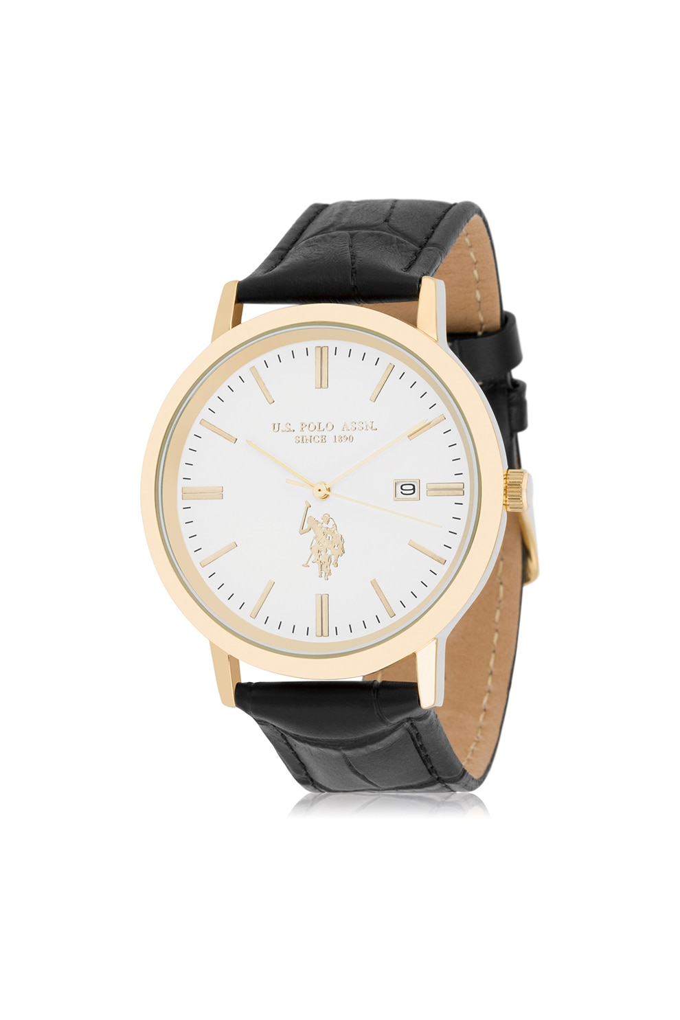 U.S. Polo Assn., Ceas cu o curea de piele, Negru/Auriu